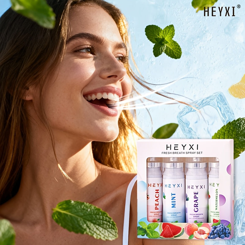 Four packs of Temu fruit-flavored breath fresheners, 22ml each, shown in colorful packaging for long-lasting oral freshness.