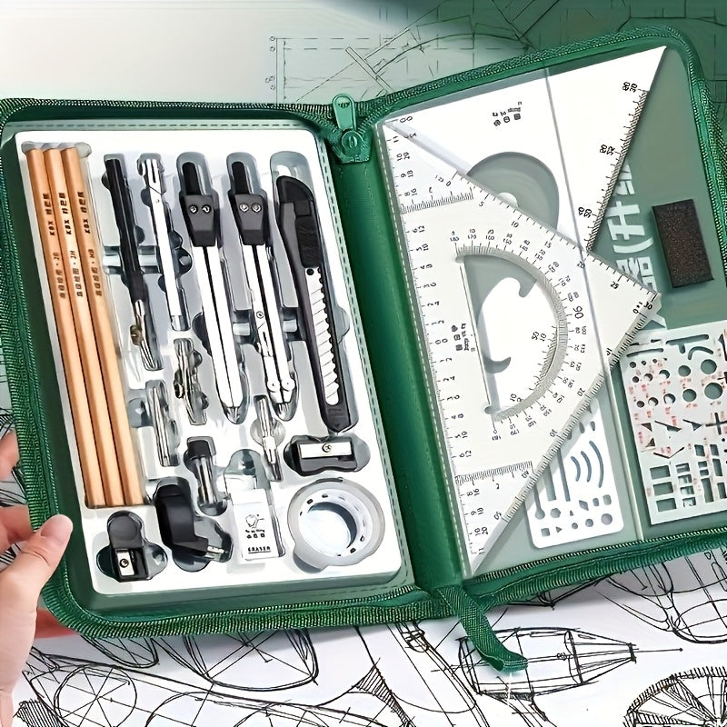 Advanced drawing tool set by Temu featuring stainless steel pens, pencils, and precision drawing instruments on a white background.