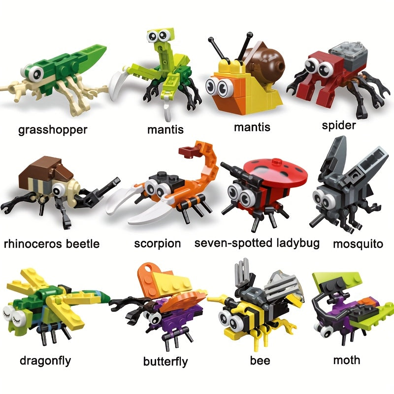 Mini insect building block set with 12 colorful plastic pieces, designed for creative play and educational activities.