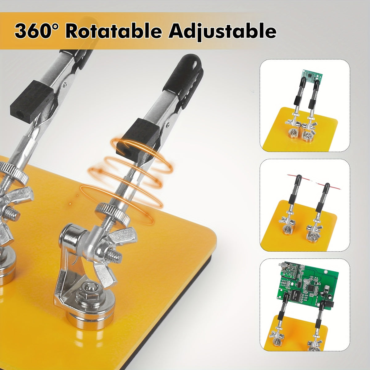 Temu soldering helping hands with magnetic flexible arms and crocodile clips holding a circuit board for precise soldering.
