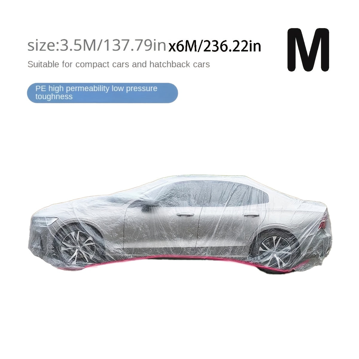 Clear PE car cover by Temu protecting full vehicle from sun, rain, and dust in a transparent design.