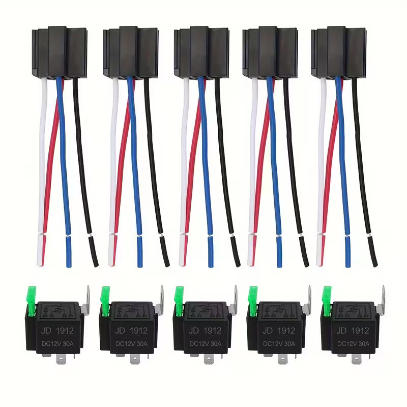 Automotive relay kit with 12V 30A relay, fuse protection, and wiring components for vehicle electrical systems.