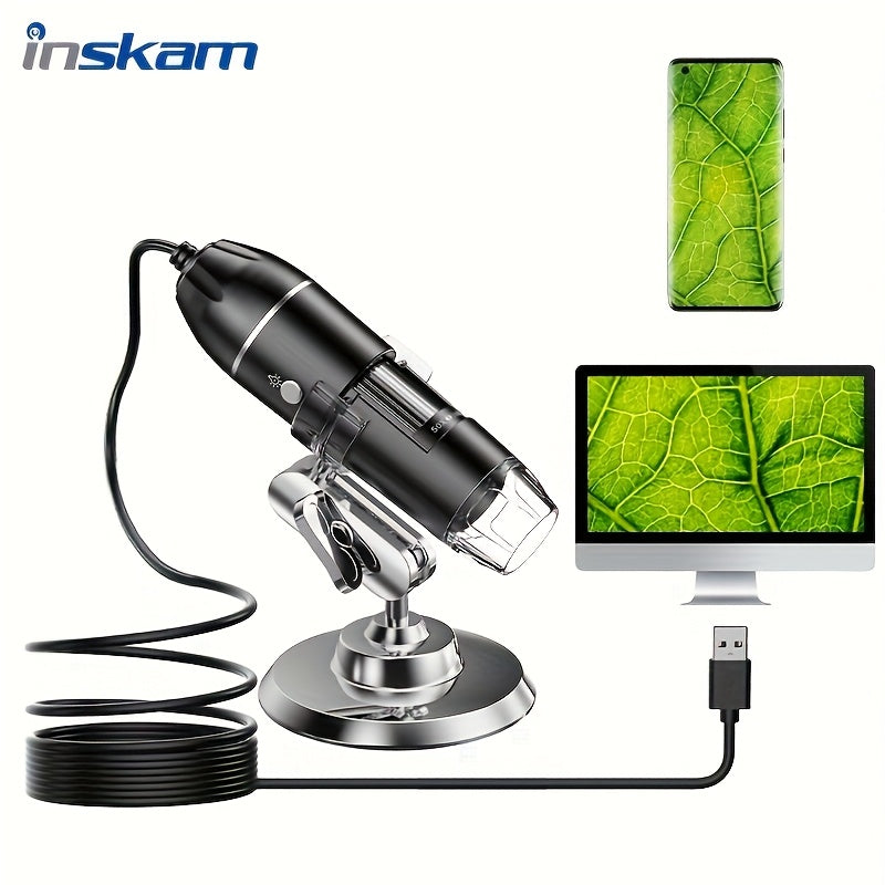 Temu inskam 1600X 2MP/0.3MP 3-in-1 digital microscope camera showing adjustable lens and digital display for detailed magnification.