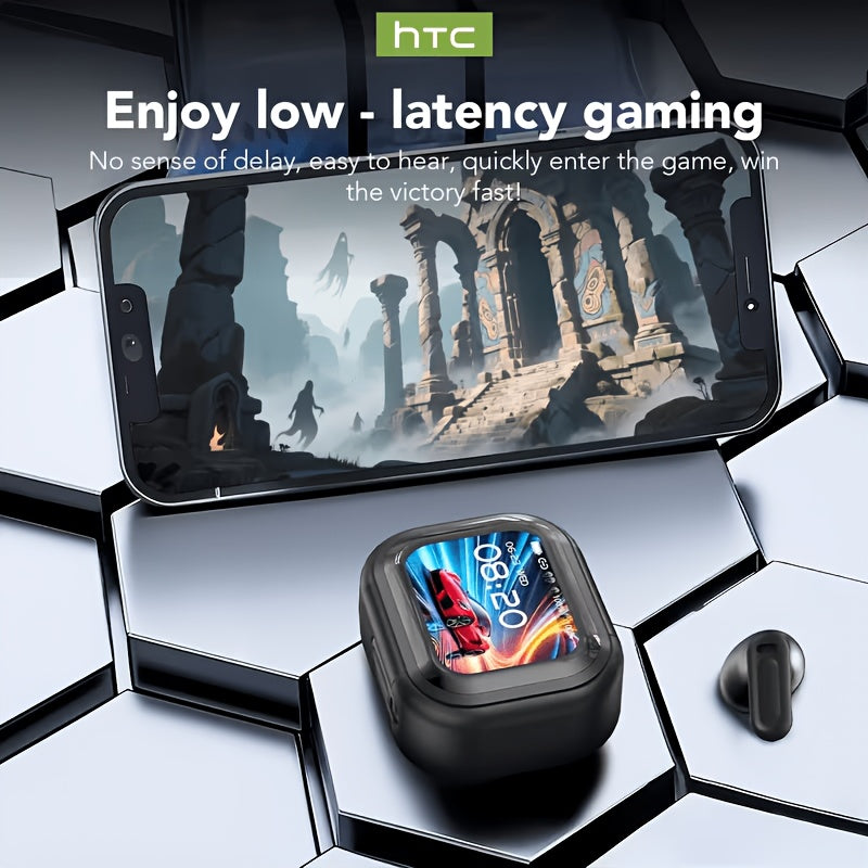HTC NE20 AI Smart Translator Earbuds shown in a sleek black design with charging case, highlighting wireless and translation features.