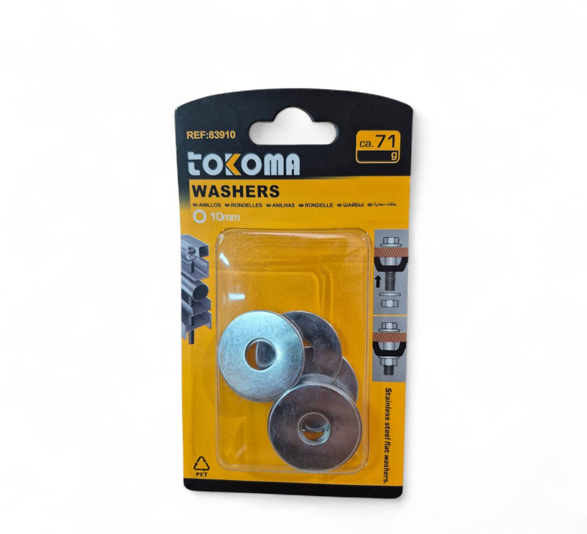 Tokoma high-quality 10mm flat washers shown in the image, ideal for durable fastening and mechanical applications.