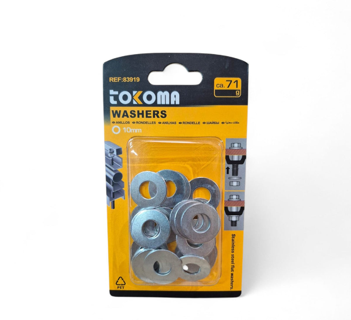 High-quality Tokoma washers in 10mm stainless steel, showing smooth, shiny surfaces and precise circular shape.