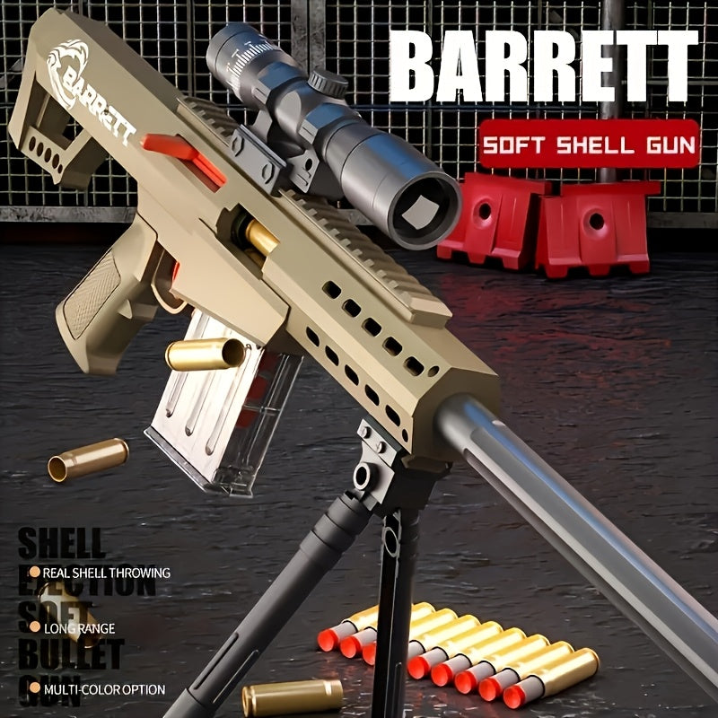 Temu large Barrett toy gun with stand, magazine, and soft bullets, realistic airsoft rifle for indoor and outdoor play.