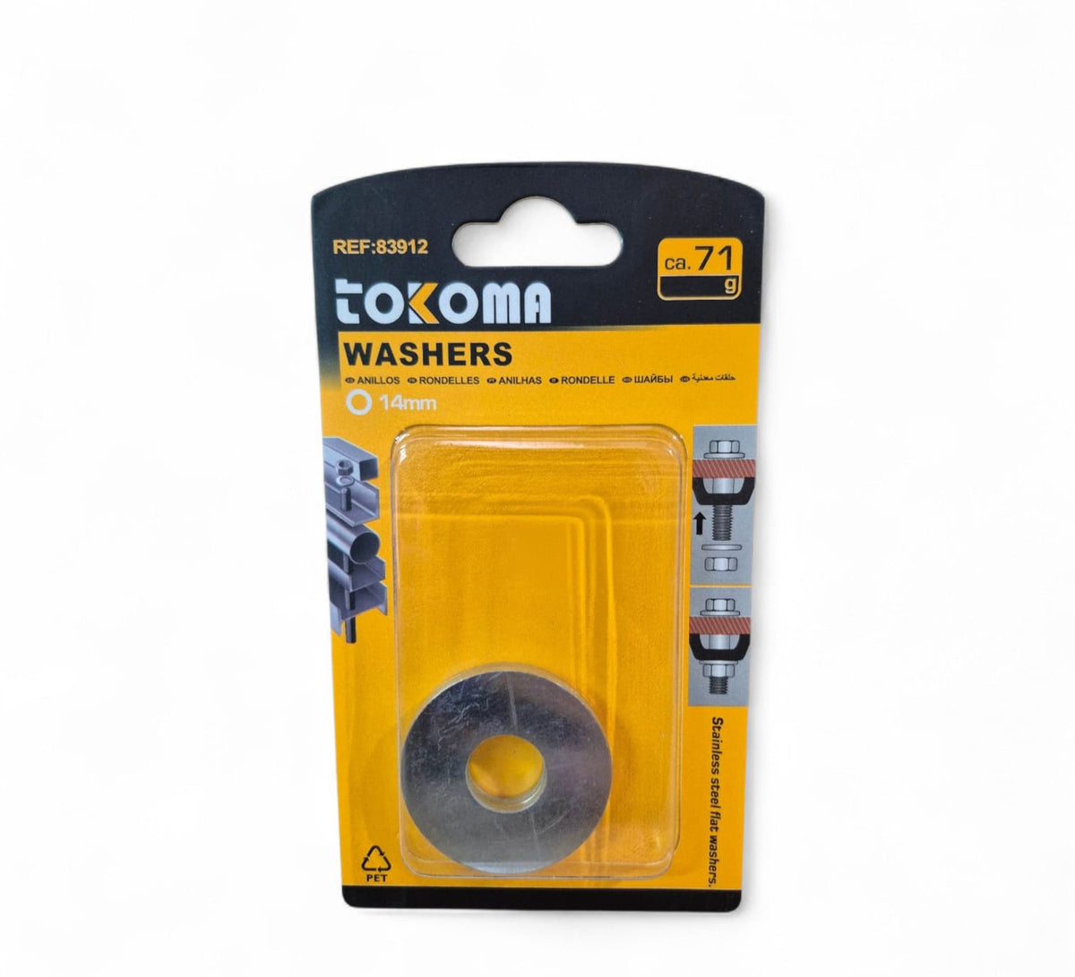 Tokoma high quality 14mm flat washers, durable metal washers for various fastening applications, detailed close-up view.