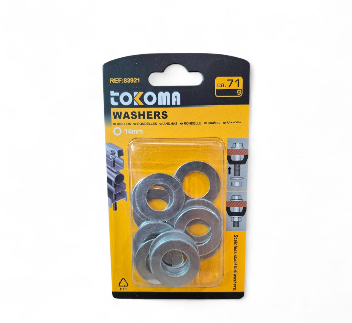 Stainless steel Tokoma washer with a 14mm diameter, high quality Tokoma brand, showcasing durable metal material and precise size.