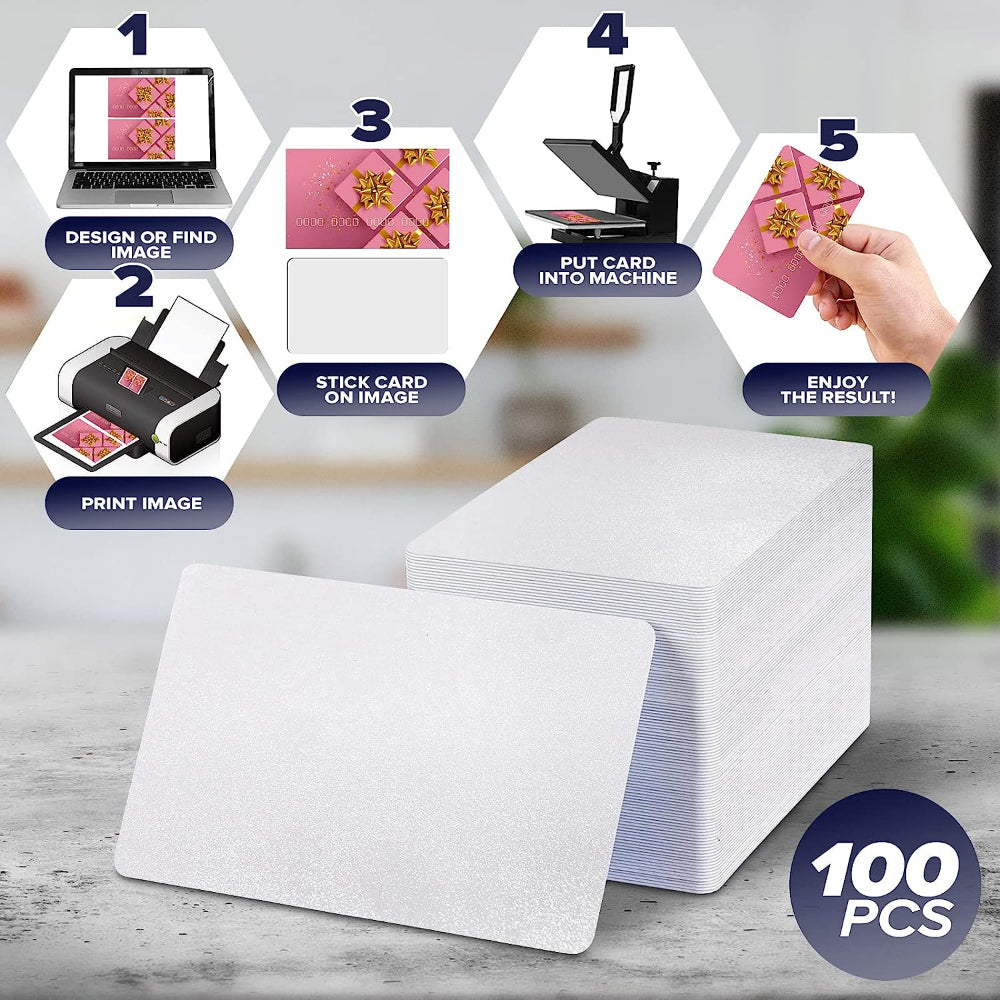 Set of 100 printable metal business card blanks from Temu, showing shiny silver surface and rectangular shape.