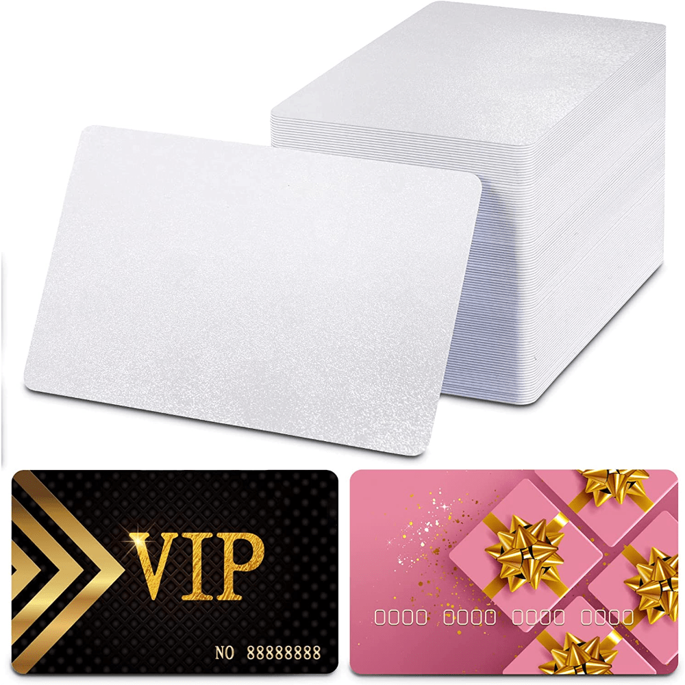 Set of 100 printable metal business card blanks by Temu, showing shiny silver surface with smooth edges and rectangular shape.