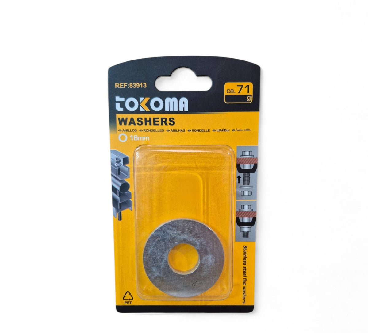 Tokoma high-quality 16mm flat washers showing smooth metal surface and precise circular shape for industrial use.