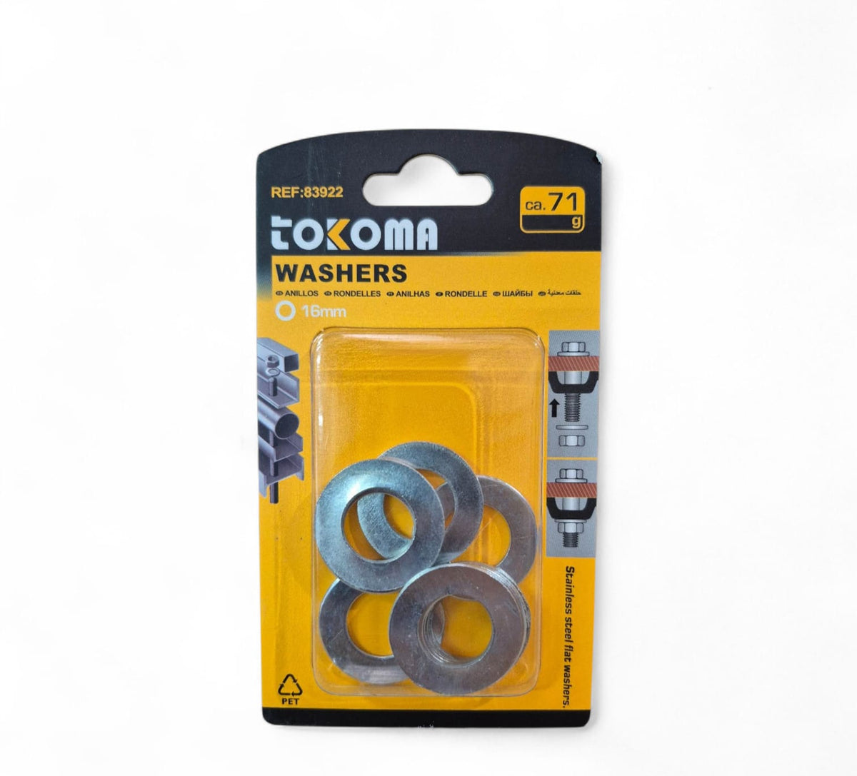 Stainless steel Tokoma washer, 16mm diameter, high quality industrial fastener from Tokoma with smooth finish and durable construction.