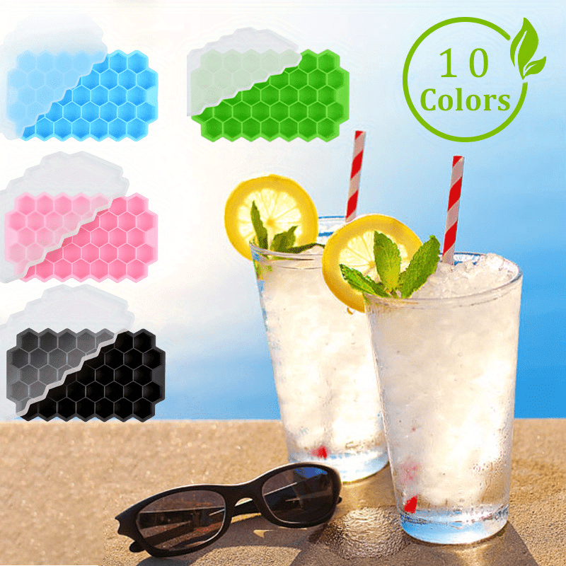 Temu 37-grid hexagon honeycomb silicone ice cube tray with clear silicone material and hexagonal compartments for ice cubes.