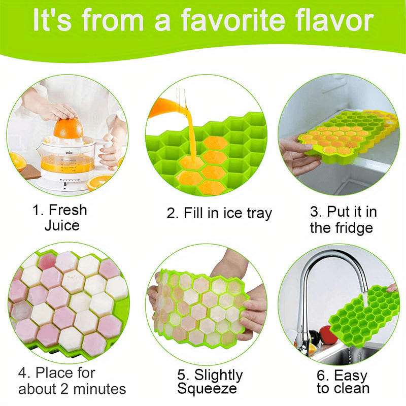 Temu 37-grid hexagon honeycomb silicone ice cube tray with multiple ice cubes in a kitchen setting