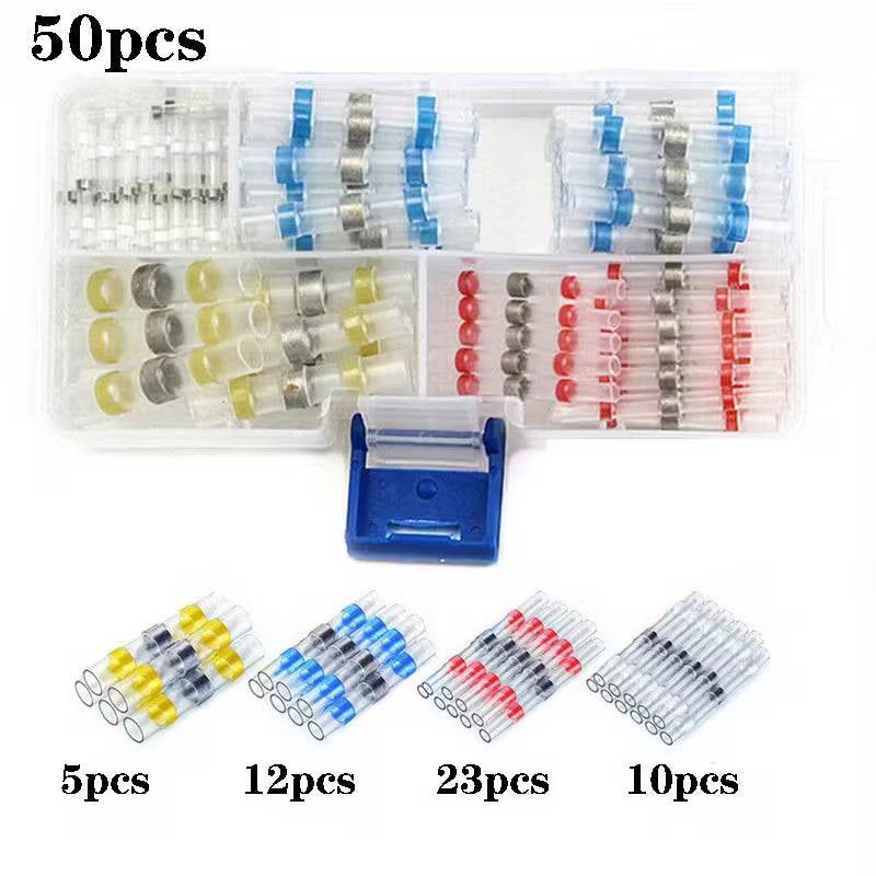 Set of 50 Temu heat shrinkable solder sleeves for electrical wiring, showing the flexible, transparent sleeves ready for insulation.