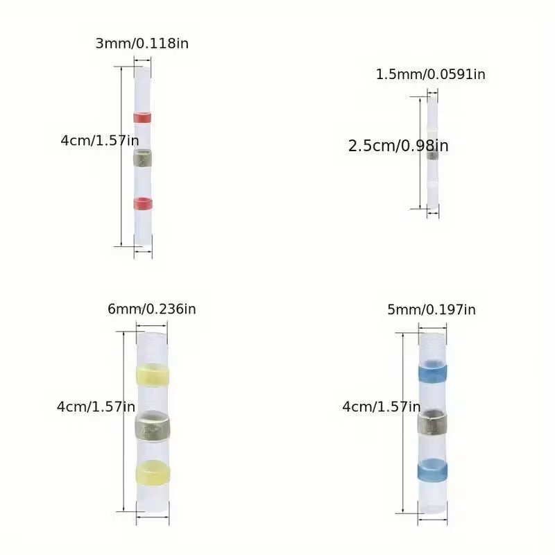 Set of 50 heat shrinkable solder sleeves by Temu, shown in assorted sizes for electrical wiring and soldering repairs.