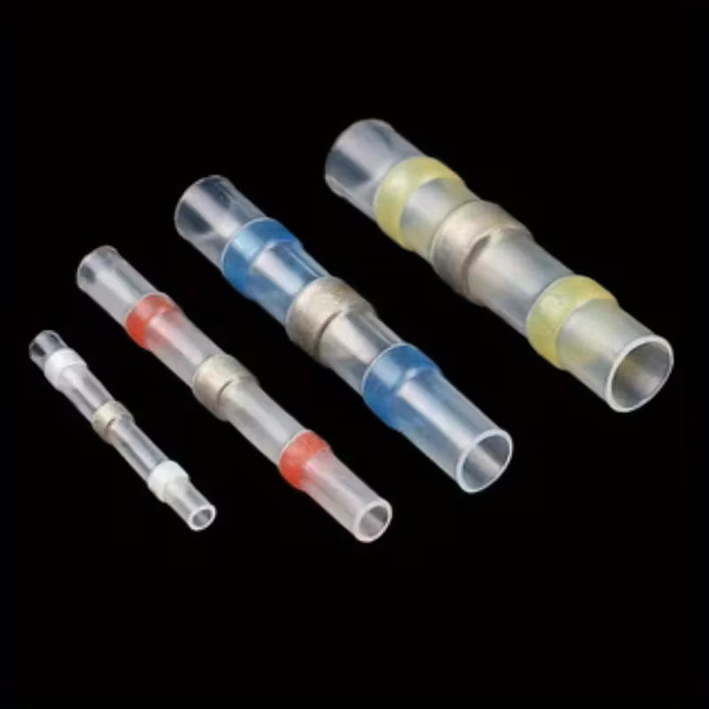 Pack of 50 heat shrinkable solder sleeves by Temu, showing transparent heat shrink tubing for electrical connections.