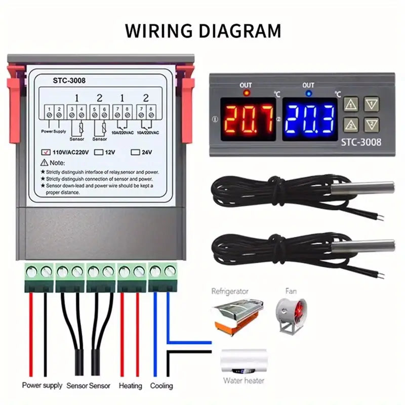 Temperature Controller Dual Digital STC-3008 with Dual Relay Output Thermostat
