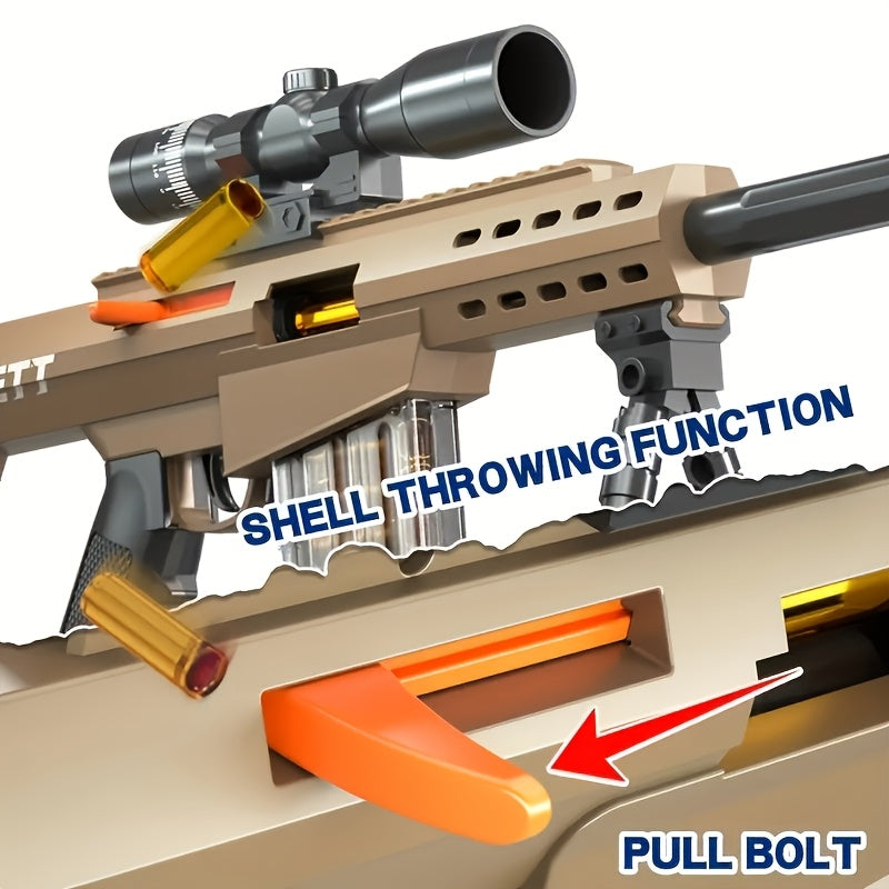 Large Barrett toy gun with stand, magazine, and soft bullets, designed as a realistic airsoft rifle for indoor and outdoor play.