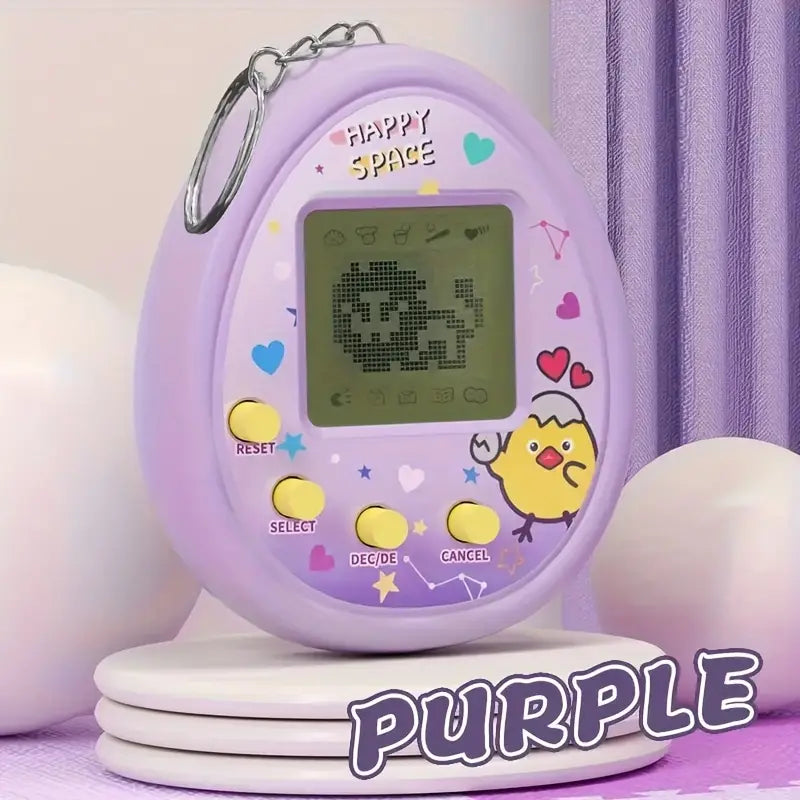 Temu electronic virtual handheld pet game showing a colorful digital pet on the small screen.