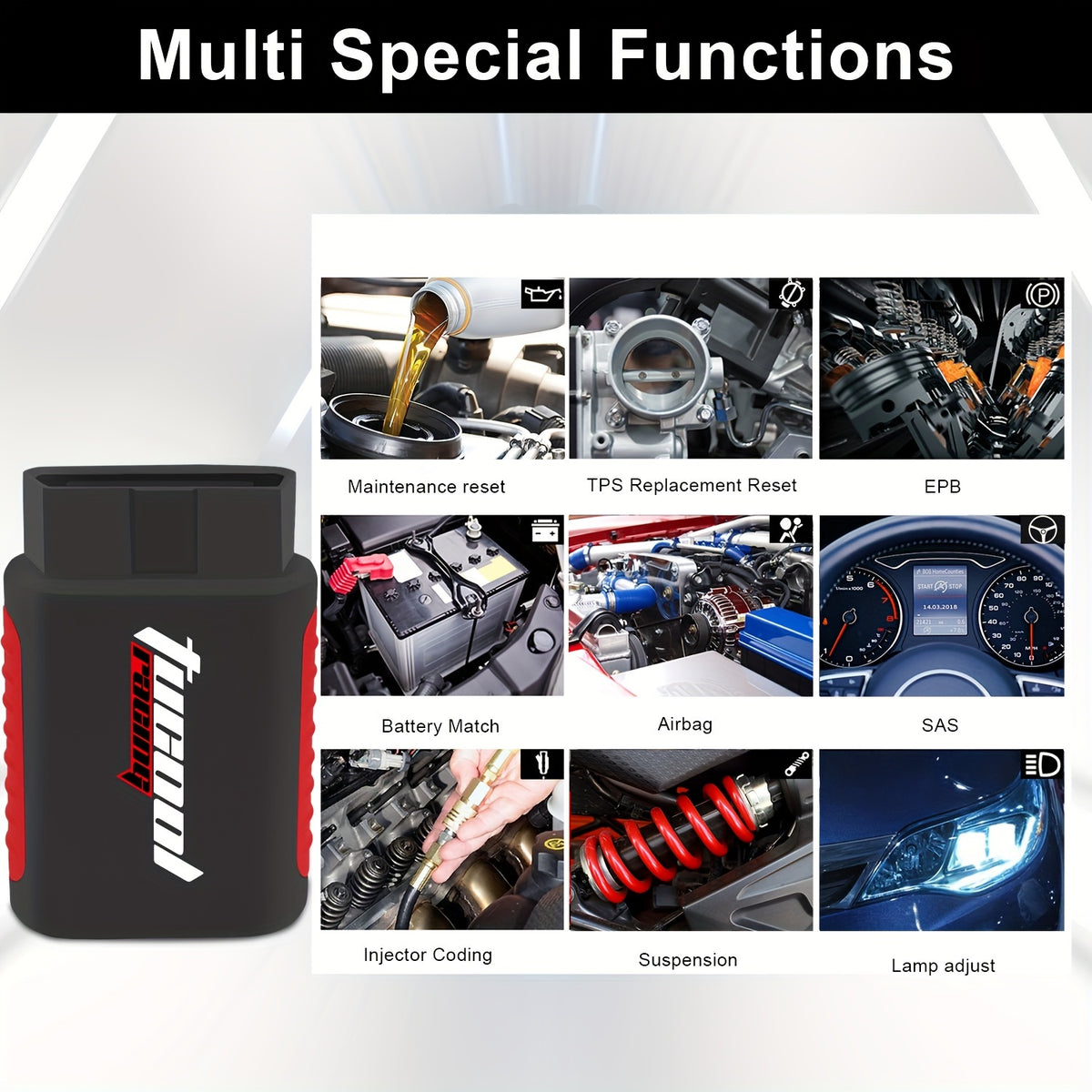 Temu Tucool Racing KDIAG Wireless OBD2 car diagnostic tool connecting to vehicle, full system scan interface on screen.