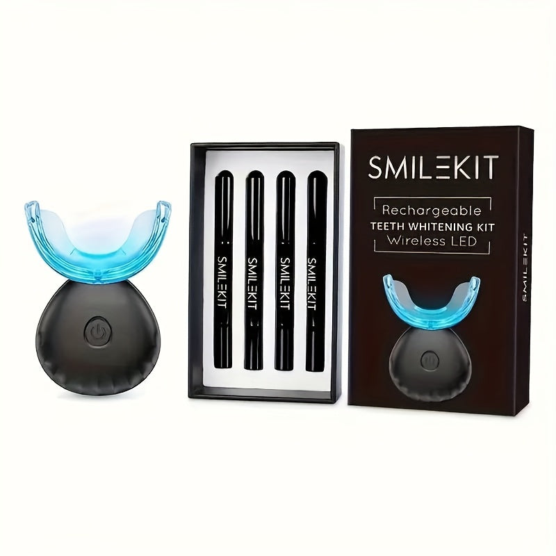 Temu wireless dental cleaning set with LED blue light accelerator and four tooth gel pens, shown with cleaning tools and gel pens.