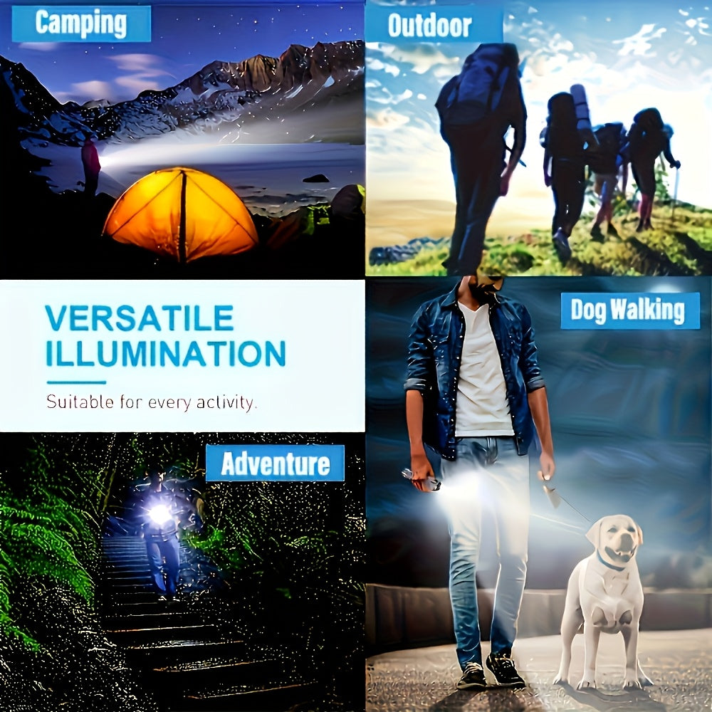 Two rechargeable LED flashlights with zoom and three lighting modes, featuring handheld design by Temu.