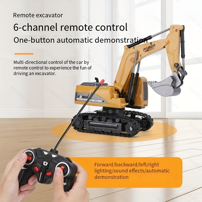 Remote control excavator by Temu, 5-channel toy for digging sand and soil with realistic movements and detailed design.