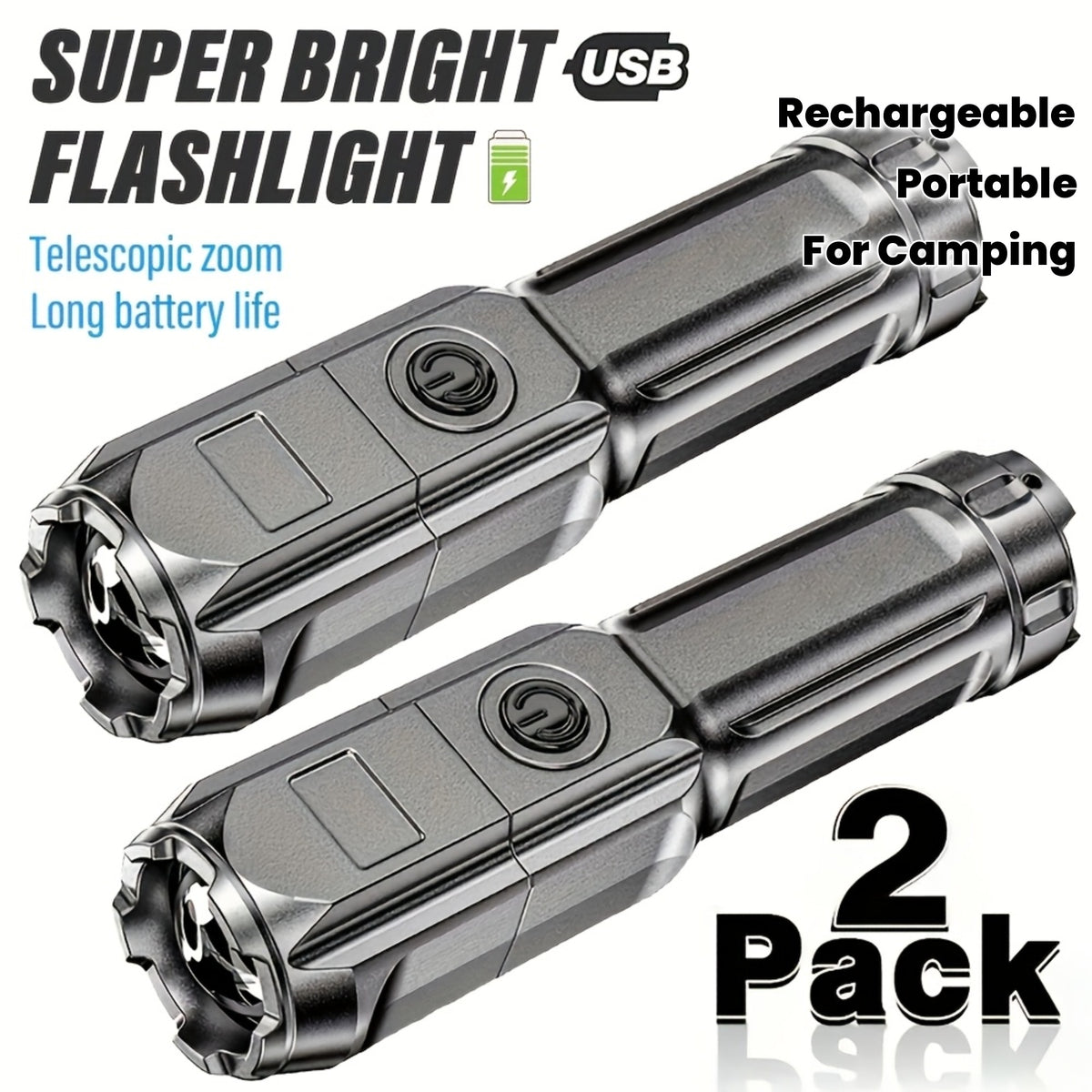 Two rechargeable LED flashlights with zoom and three lighting modes, featuring black handles and adjustable focus.