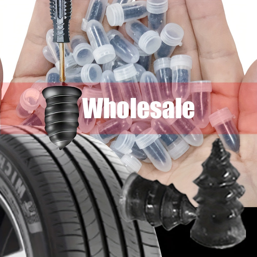 Temu car tire repair tools set with tire nails and adhesive for DIY puncture fixes, including pliers and sealant applicators.