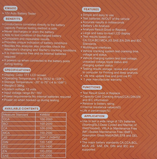 Konnwei KW600 Car Battery Tester – Advanced 12V Battery Analyzer for Vehicles