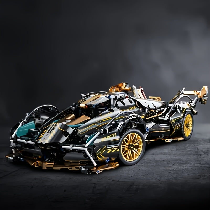 Temu 1332pcs limited edition super sports car model kit in sleek black and gold, detailed scale model for collectors.