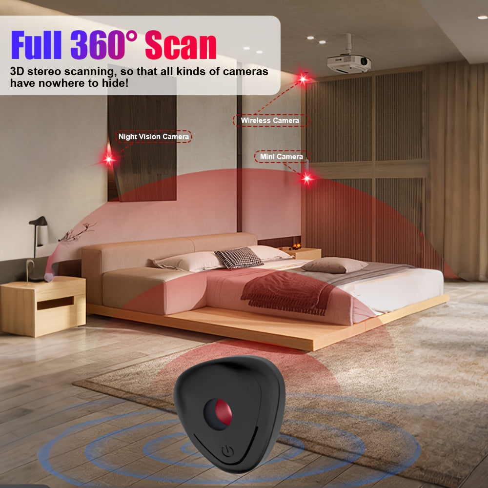Portable mini hidden camera detector by Temu, compact device with LED indicators for detecting hidden cameras and surveillance devices.