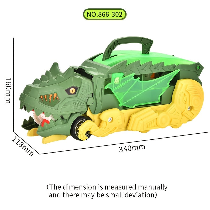 Green and yellow dinosaur transformer toy for kids with friction-powered slide track and three colorful cars.