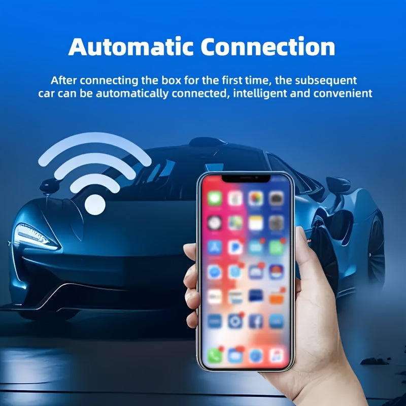 Wireless CarPlay adapter by Temu with stereo sound, smartphone controller, and hands-free function shown in the image.