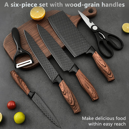 Six stainless steel kitchen knives set with black handles, displayed on a wooden cutting board for household use.