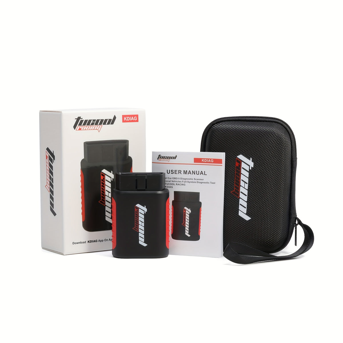 Temu Tucool Racing KDIAG Wireless OBD2 car diagnostic tool connected to vehicle for full system scan.