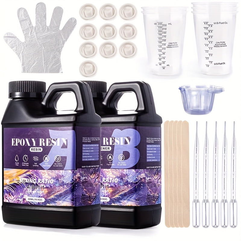 Clear epoxy resin kit with 57 pieces, high gloss, bubble-free art resin supplies for coating, casting, crafting, and jewelry making.