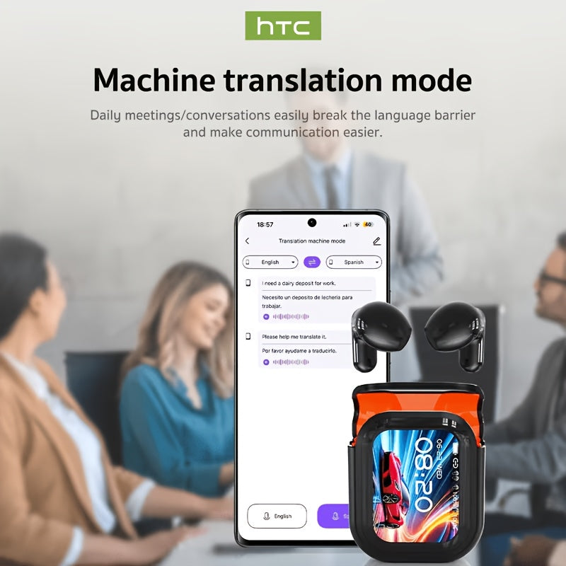 HTC NE20 AI Smart Translator Earbuds in black, wireless earbuds with compact design for language translation and audio playback
