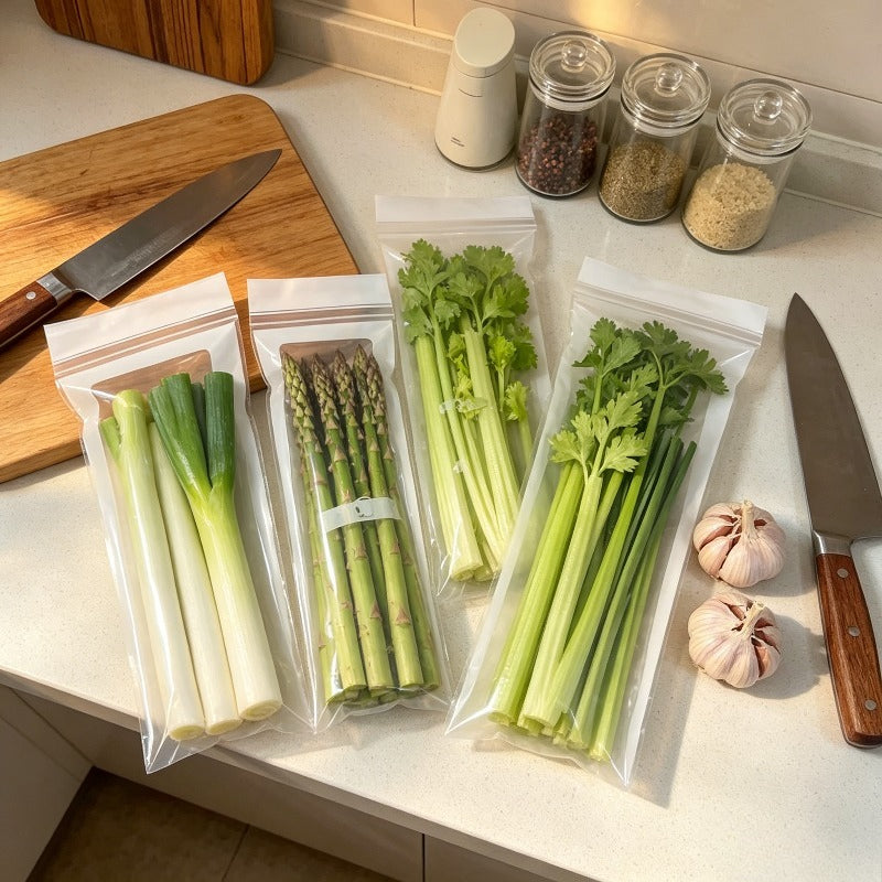 Set of 55 high-quality reusable food storage bags by Temu, clear plastic bags for storing snacks, fruits, and leftovers.