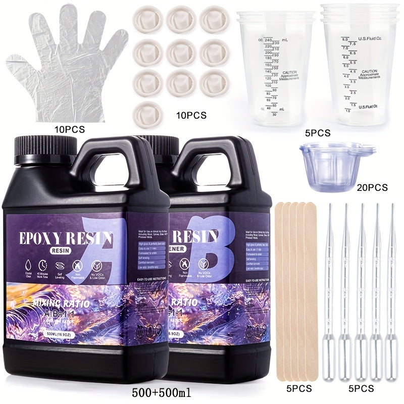 Clear epoxy resin kit by Temu with 57 pieces for coating, casting, and jewelry making, featuring high gloss and bubble-free finish.