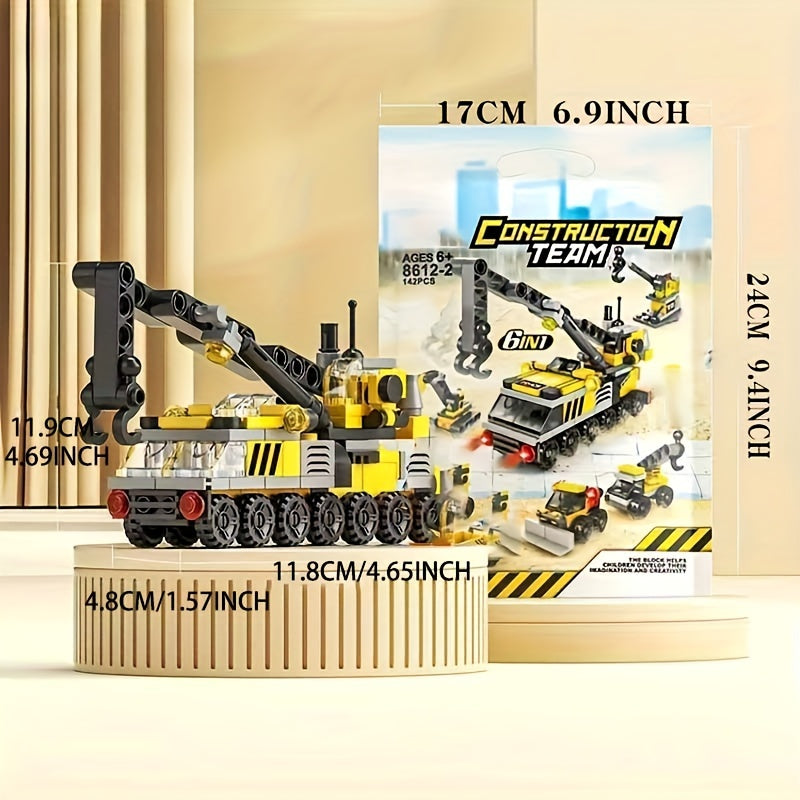 Temu 142pcs Engineering Crane Pullback Building Blocks set with colorful construction pieces and a pullback crane in the image.