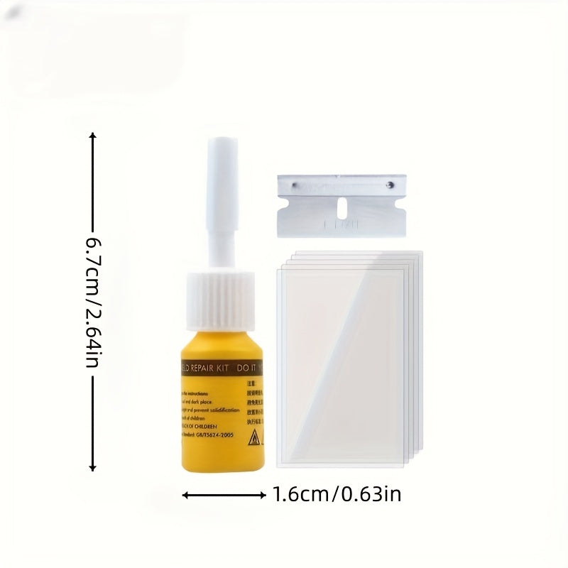 Temu tool kit for repairing cracked car windshields, includes syringes, resin, and applicators for windshield crack repairs.