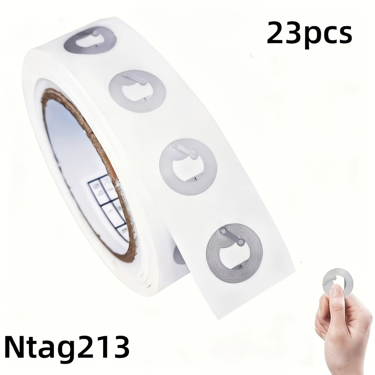 Set of 23 Temu NTAG213 NFC Tag Stickers showing small, adhesive NFC tags with printed branding on white backing.
