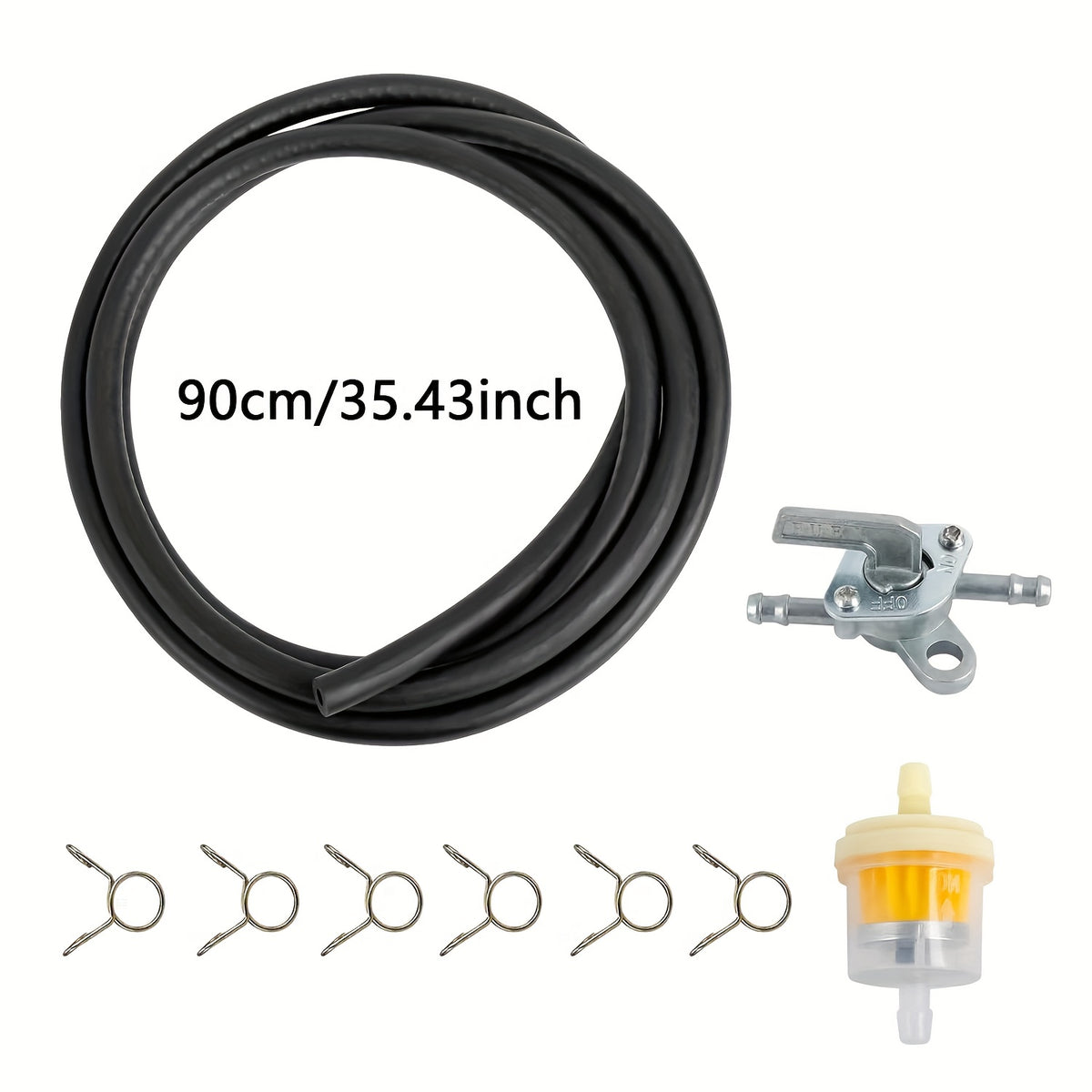 Temu 90cm flexible gas fuel pipe hose kit with fuel filter, inline valve, and clips for automotive or camping use