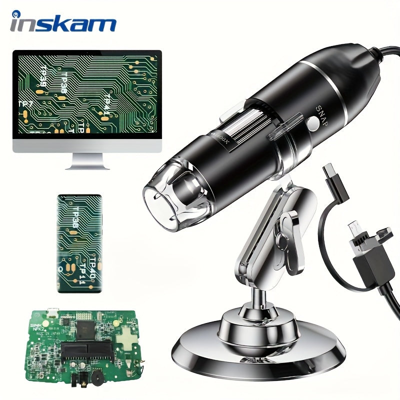 Inskam 1600X 2MP digital microscope camera by Temu showing a close-up view of a tiny object under magnification