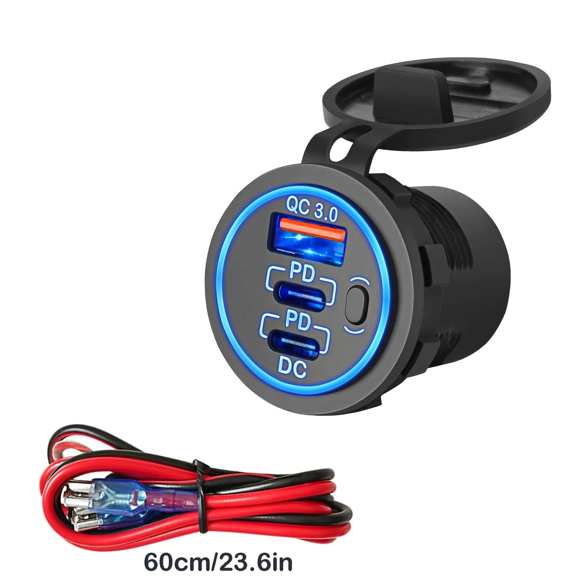 Temu 3-Port USB fast car charger socket with cable, 30W PD3.0 and 18W QC 3.0, shown connected to a vehicle power outlet.