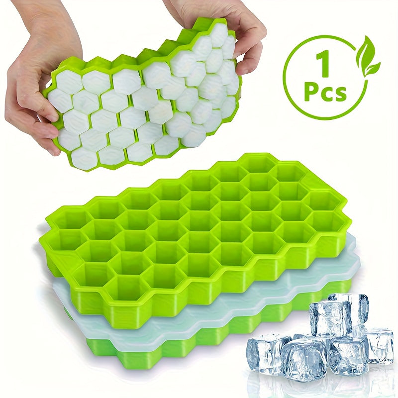 Temu 37-grid hexagon honeycomb silicone ice cube tray with multiple ice cubes in a clear view.