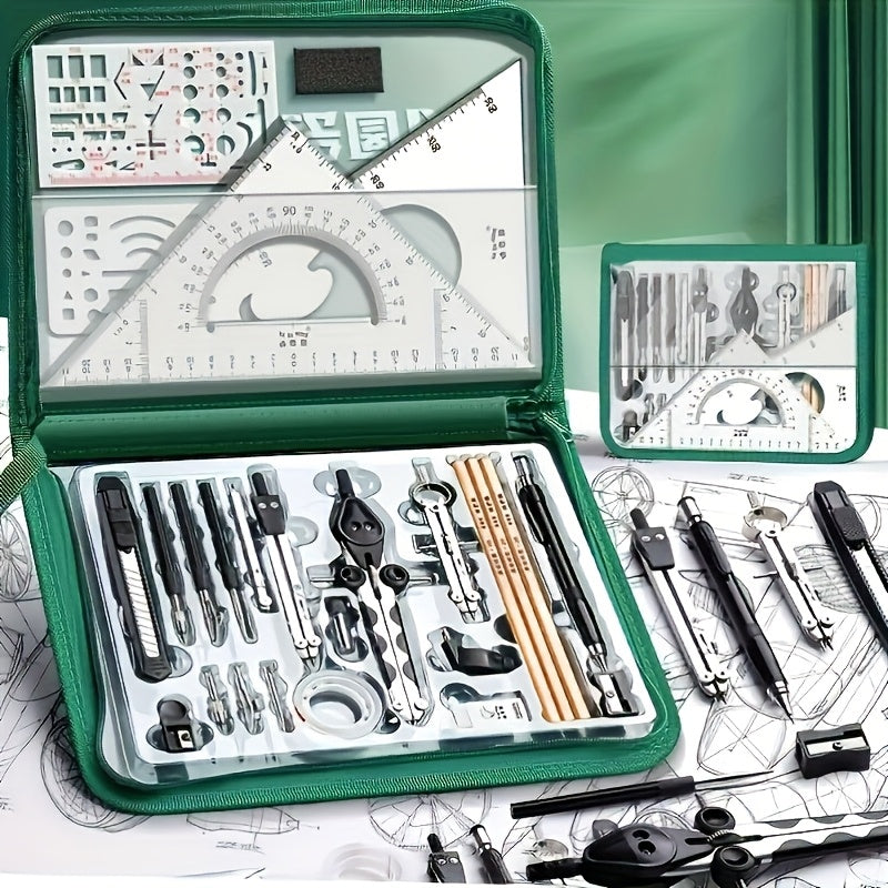 Advanced drawing tool set by Temu featuring stainless steel pens, pencils, and accessories for professional artists and sketching.